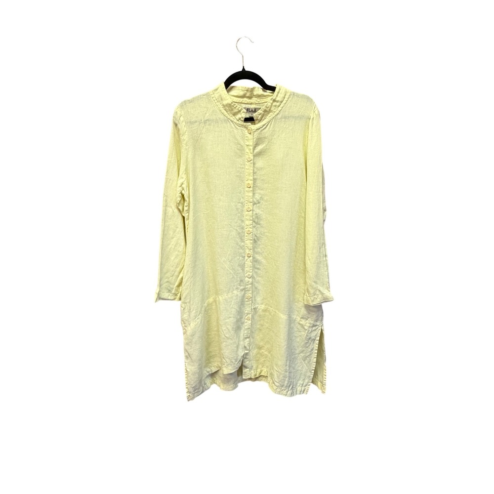 FLAX Yellow 100% Linen Button Down Shirt Dress Mandarin Collar size P (4-6)